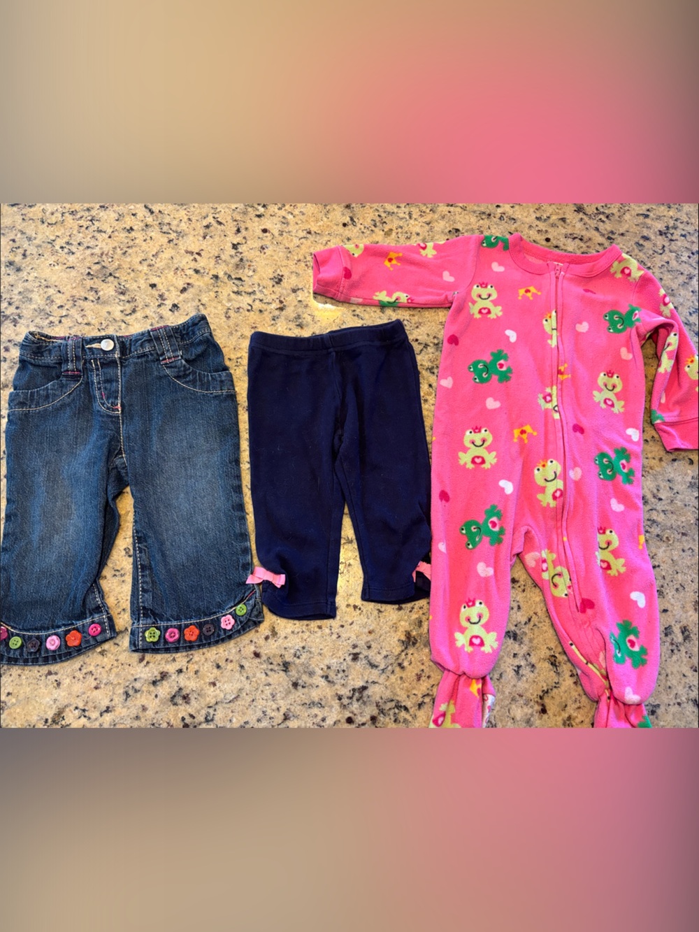 Gymboree jeans and navy pants sz 6-12 months & Pink Frog Print Footed Pajamas